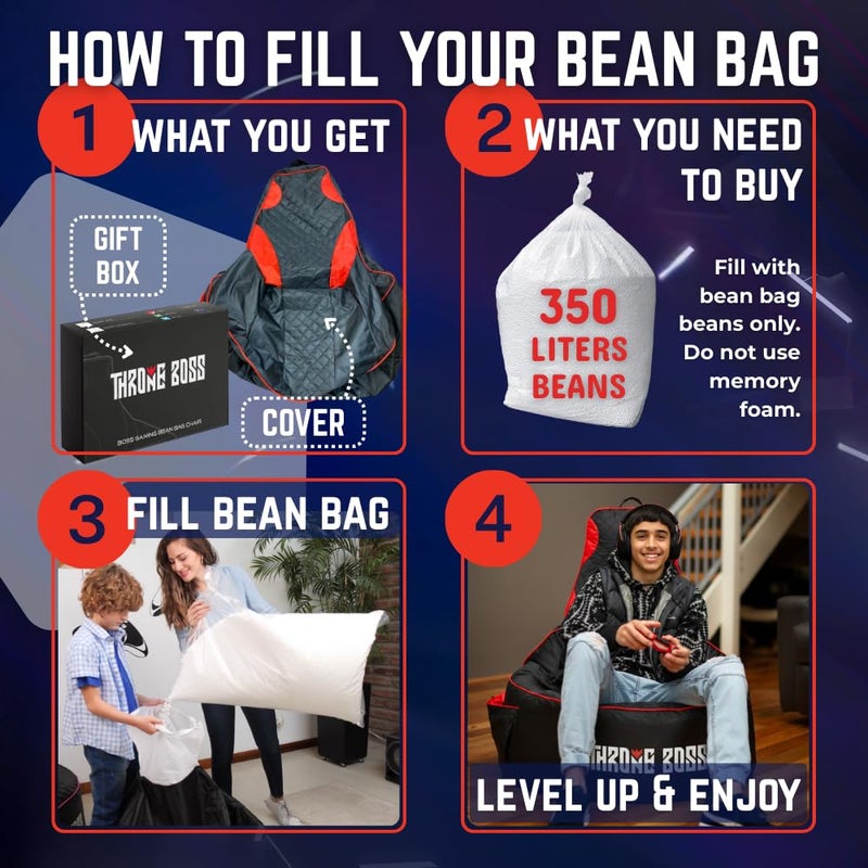 Throne Boss Gaming Bean Bag Chair Cover for Adults with High Back, Red â€“ Large Floor Gaming Chair Cover, Easy to Clean Fabric, Large Pockets, Headphone Hanger, Requires 350 Liters Polystyrene Beans - Image 5